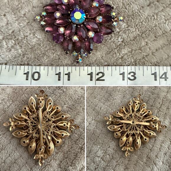 Vintage AB Aurora Borealis & Purple Rhinestones Gold Tone Oversized Brooch Pin - Picture 4 of 4
